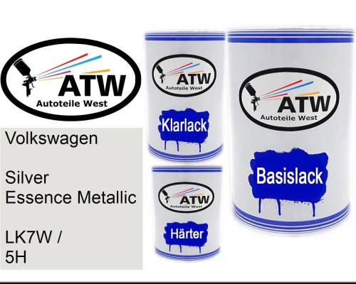 Volkswagen, Silver Essence Metallic, LK7W / 5H: 500ml Lackdose + 500ml Klarlack + 250ml Härter - Set, von ATW Autoteile West.